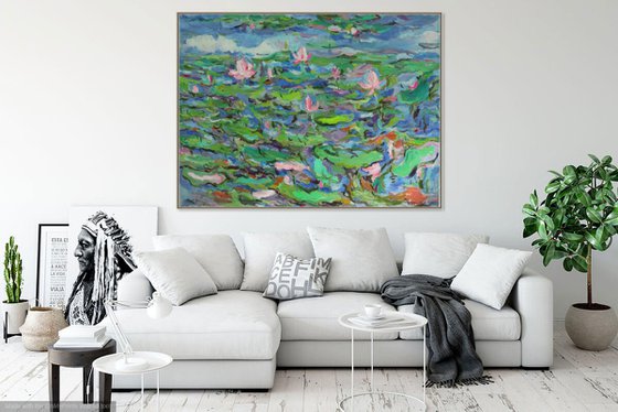 PINK LOTUS - floral landscape, original oil painting, waterscape, water lily pond, waterlilies, large size 146x196 cm
