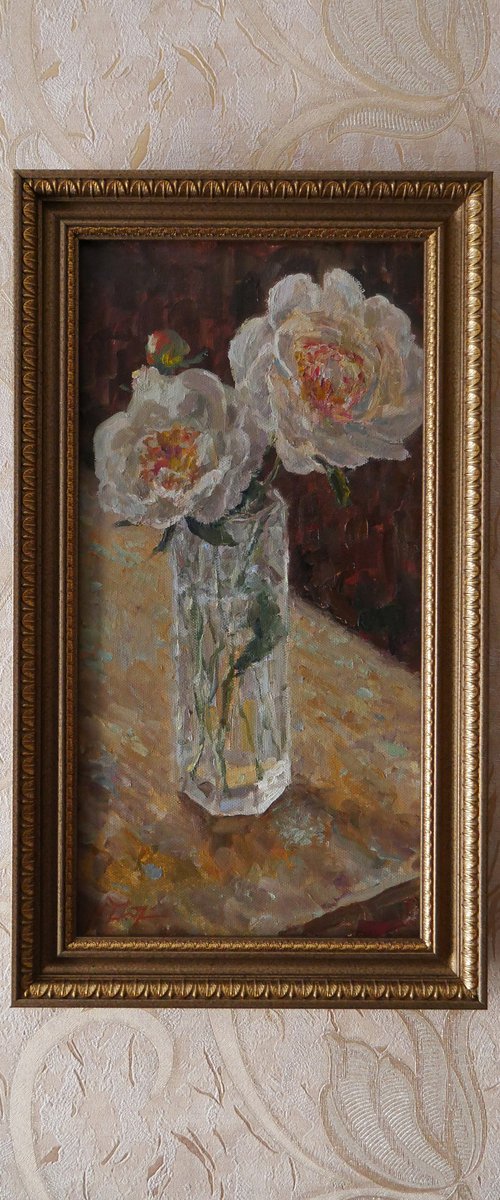 Peonies In The Glass - peonies still life painting by Nikolay Dmitriev