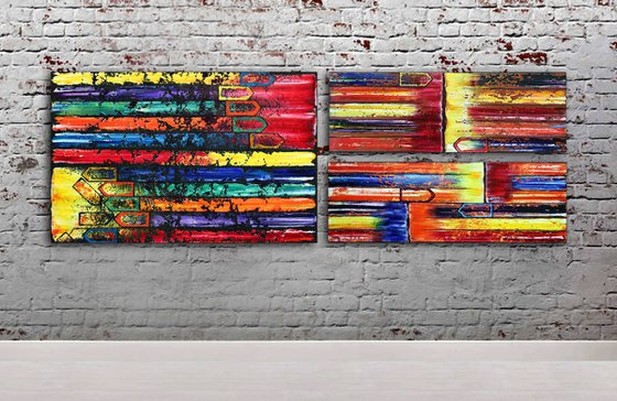 "The Grown-Ups Are Talking" - Original Xt Large PMS Abstract Triptych Oil Paintings On Canvas and Recycled Wood - 76" x 26"