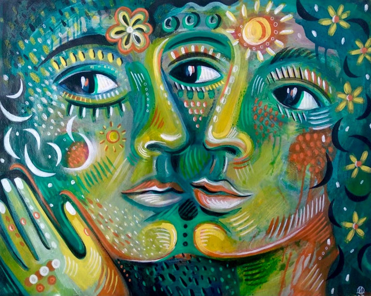 Impressionistic Portrait Acrylic Painting By Daria Kusto, 32 X 26, Sun And Moon, Original Artwork