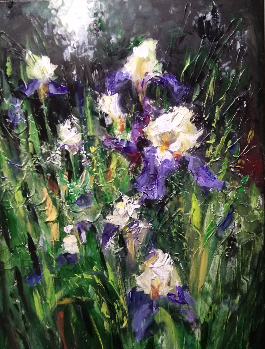 Violet-White Irises. Impasto Original  Acryl Painting with Palette Knife. by HELINDA (Olga Muller)