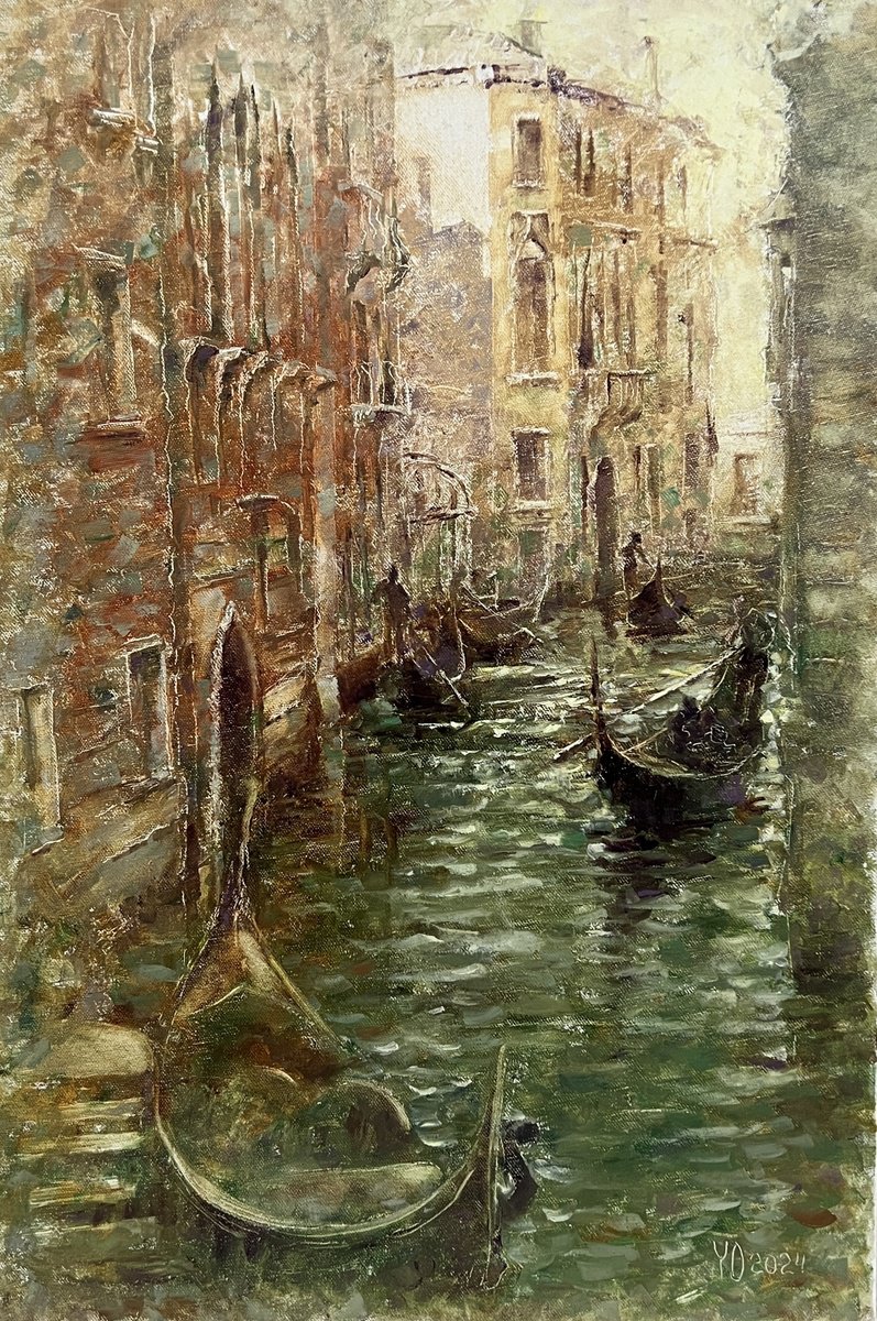Impressionistic Landscape Oil Painting By Yulia Odukalets, 16 X 24", Romantic Venice Canal, Original Artwork