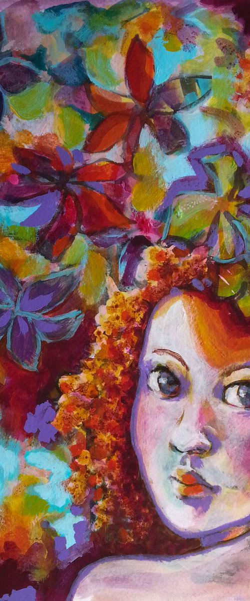 Little red-haired girl - mixed media - portrait - orange - turquoise - decorative - gift by Fabienne Monestier