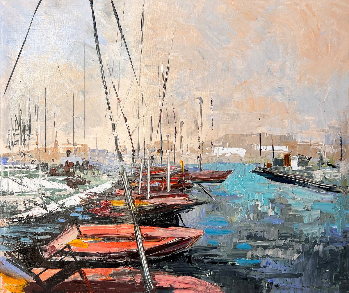 Impressionistic Landscape Acrylic Painting By Maria Kireev, 24 X 20", Port Of Jaffa On A Gray Day, Original Artwork