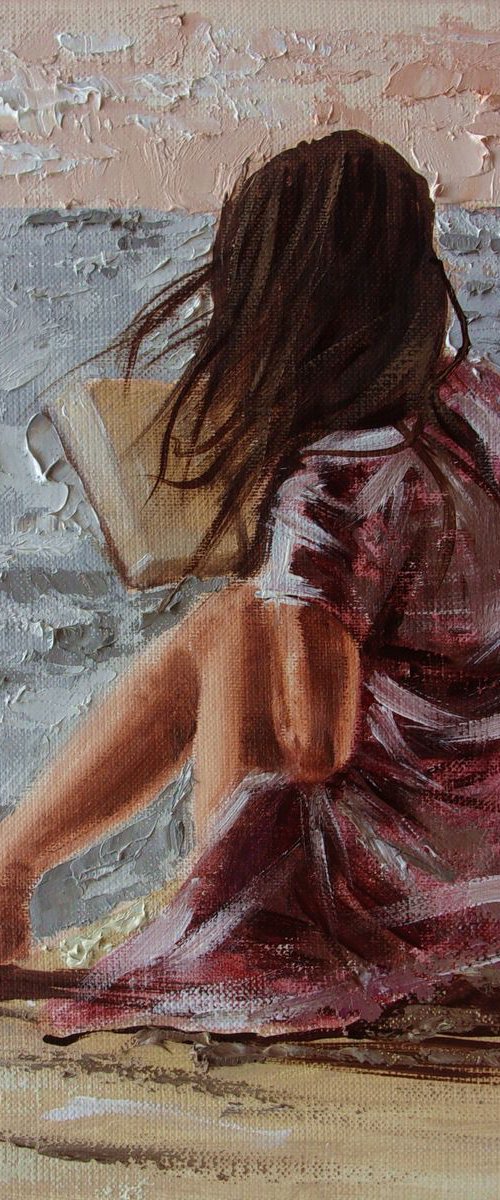 " BOOK LOVER ... IX " original painting sea summer palette knife GIFT brown by Monika Luniak
