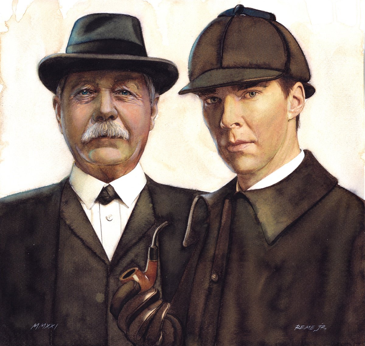 Photorealistic Portrait Watercolour By Reme Jr., 13 X 13", Conan Doyle And Holmes, Original Artwork
