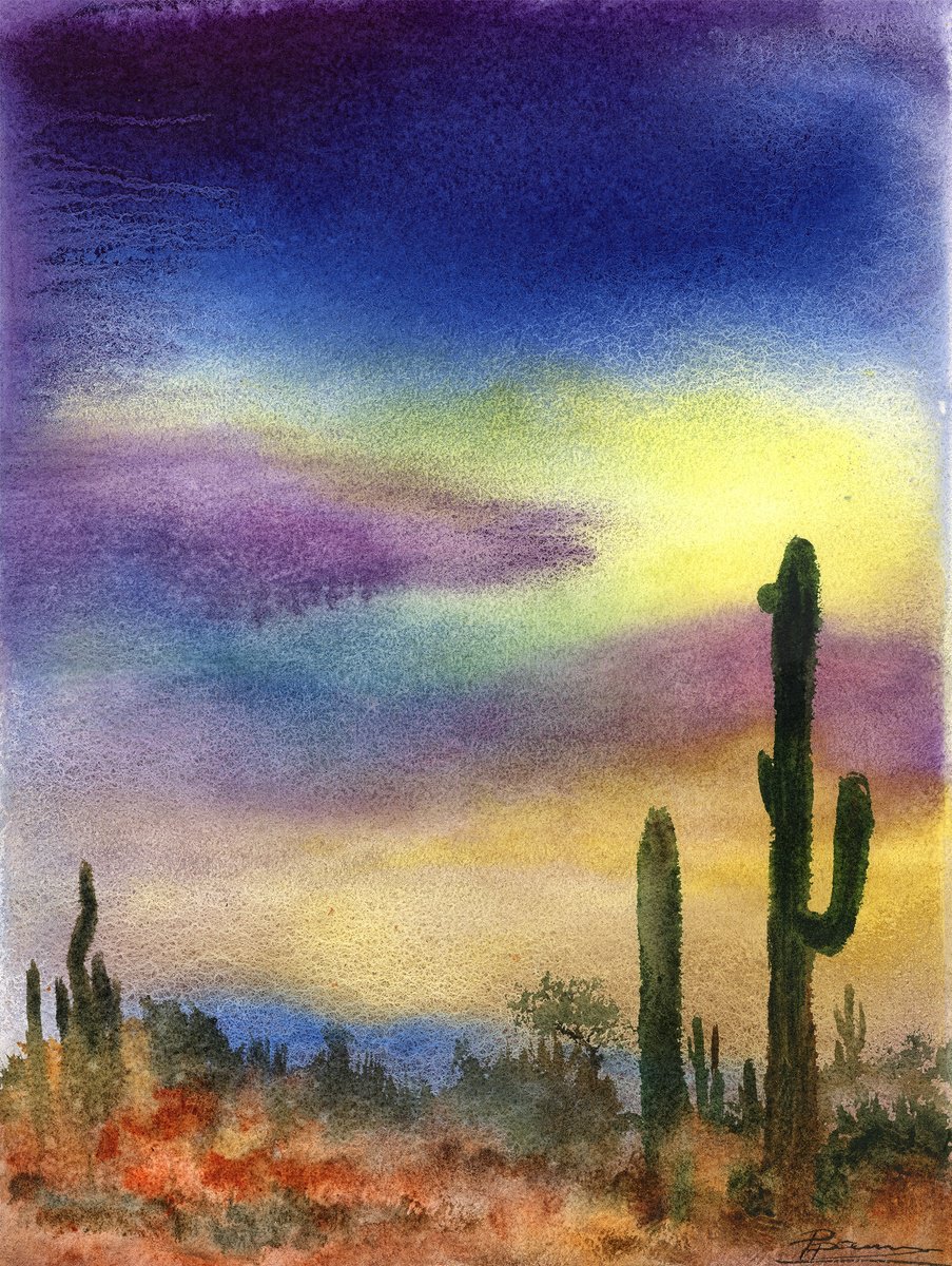 Expressive Landscape Watercolour By Olga Tchefranov (Shefranov), 11 X 15", Desert Twilight, Original Artwork