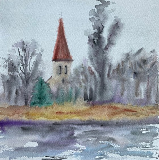 Fall Watercolor Painting, Church in Forest Original Art, Rainy Wall Art, Slovak Artwork