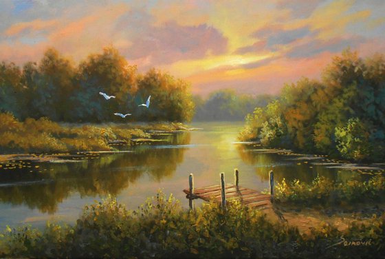 Evening silence,  fine art landscape, sunset on river, modern impressionism