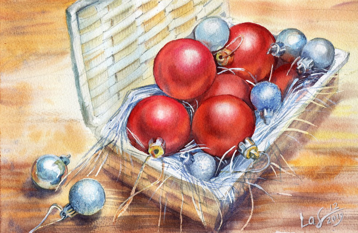 Photorealistic Still Life Watercolour By Svitlana Lagutina, 12 X 7", Christmas Tree Balls In A Wicker Box, Original Artwork