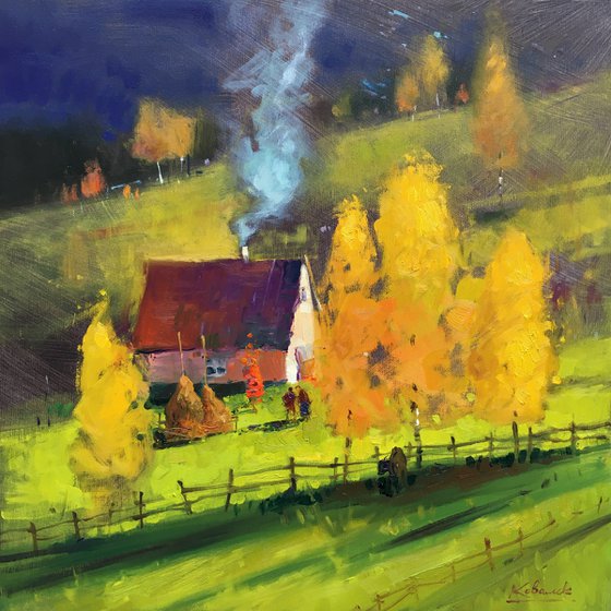 Oil on canvas painting Autumn landscape with trees and house in mountains