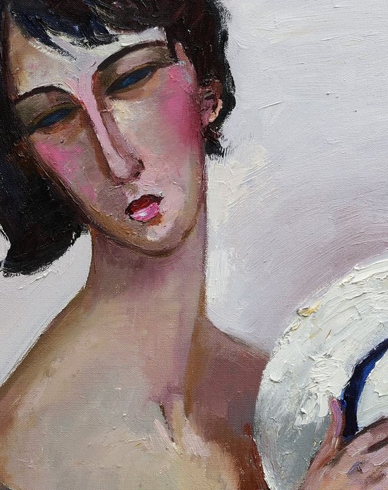 White hat - Woman portrait inspired by Modigliani