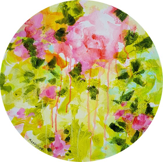 Floral poetry n°1 - acrylic painting on round canvas - home decor flowers pink and green decorative artwork shabby chic style modern contemporary art dripping