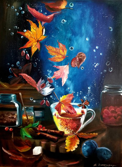 Still Life with a Cup of Tea and Falling Leaves. Original Oil Painting on Canvas. Christmas gift. New Year gift. 18" x 24". 45.7 x 60.96 cm. 2022. by Alexandra Tomorskaya/Caramel Art Gallery