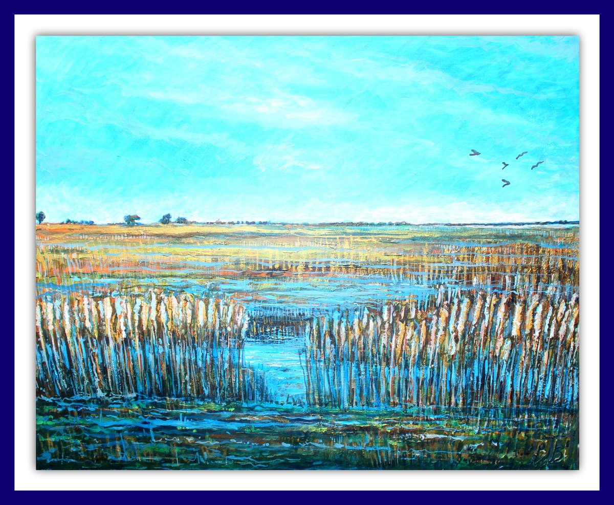 Impressionistic Landscape Acrylic Painting By Paul J Best, 24 X 20", Warsash Reedbeds, Original Artwork