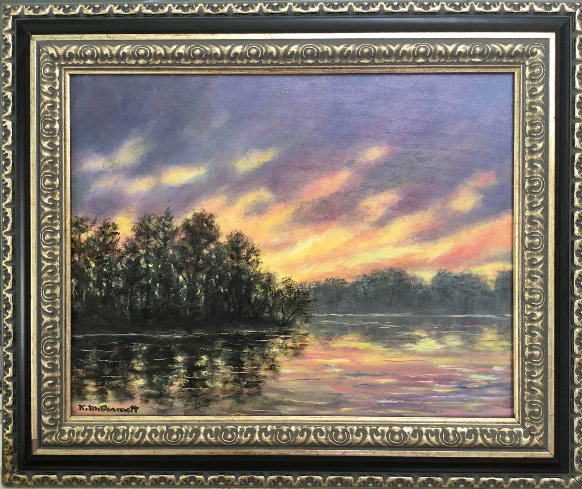 Impressionistic Landscape Oil Painting By Kathleen Mcdermott, 18 X 15", Reflections At Dawn, Original Artwork