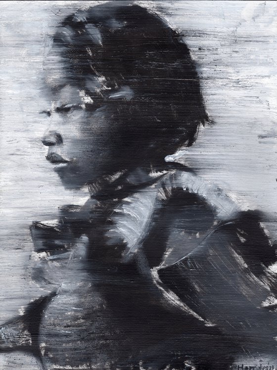 Ajok | Black and white oil painting on paper | fashion muse model woman lady