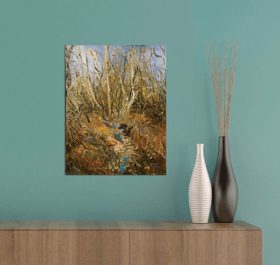 LANDSCAPE. THICKETS OF RELICT FOREST - original painting, oil on canvas, mustard blue colours, impressionist art 45x35