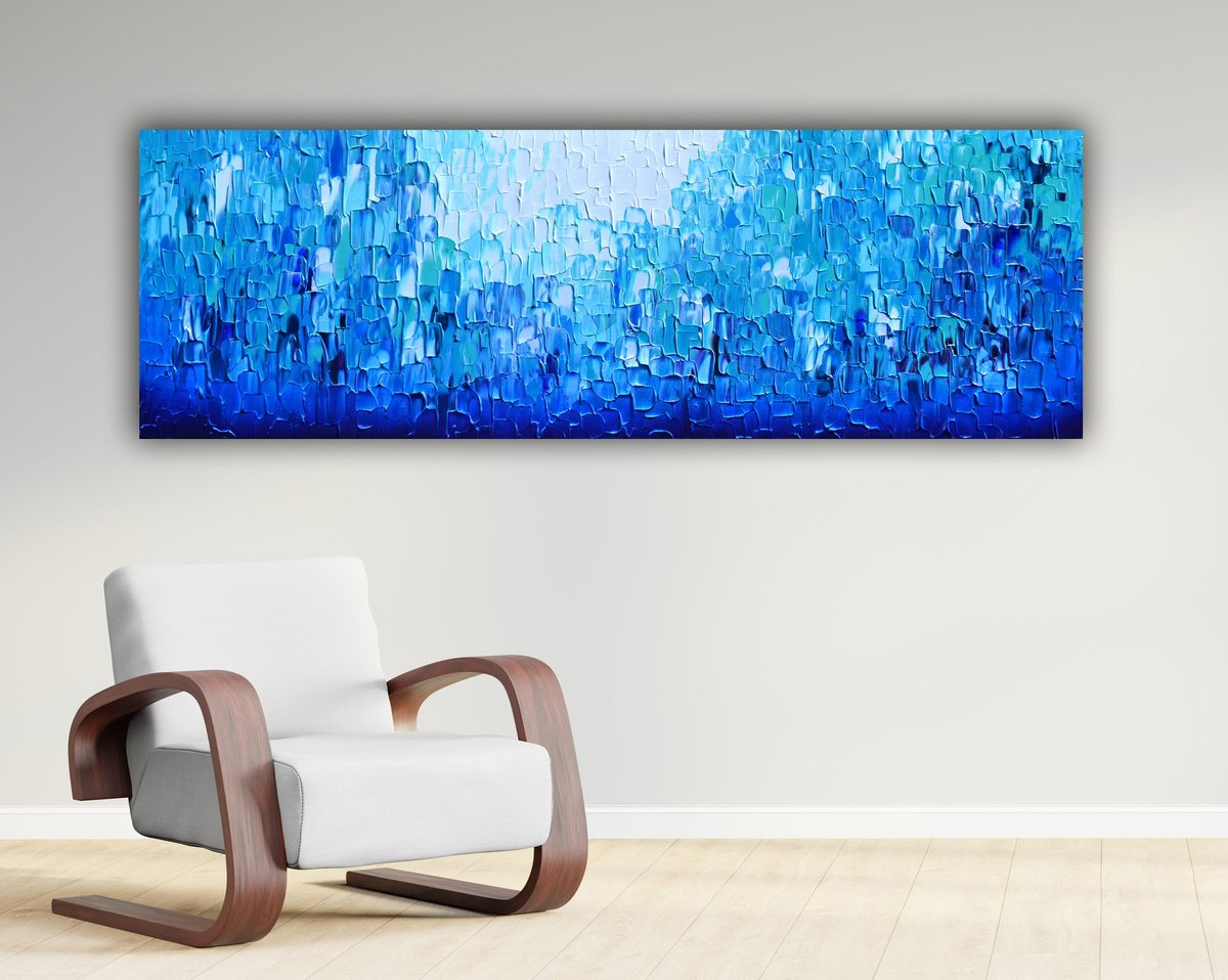 Impressionistic Landscape Acrylic Painting By Soos Tiberiu, 47 X 16", Relief Blue 24, Original Artwork
