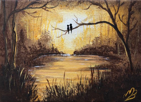 Lovebirds in autumn on a mini canvas
