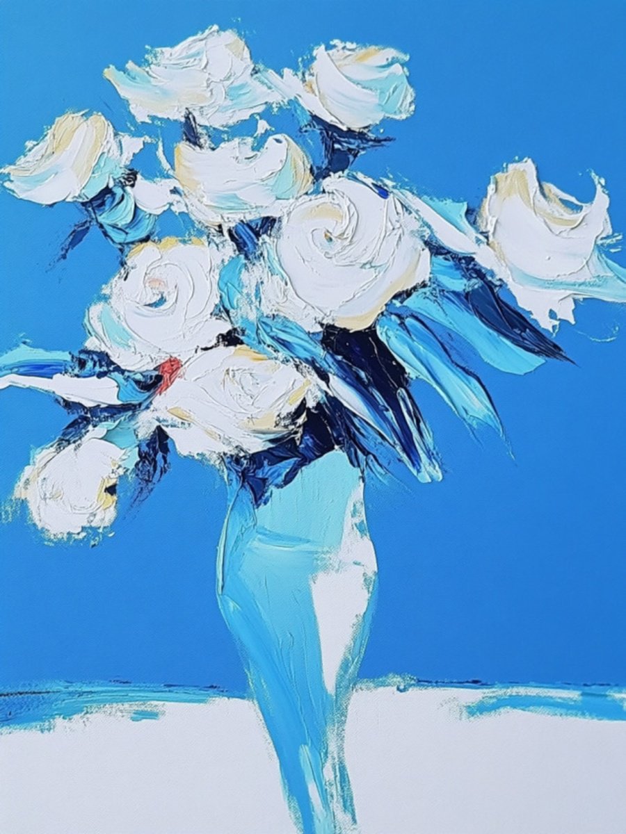 Impressionistic Botanical Print By Elena Avanesova, 24 X 31, White Roses In A Blue Vase, Original Artwork