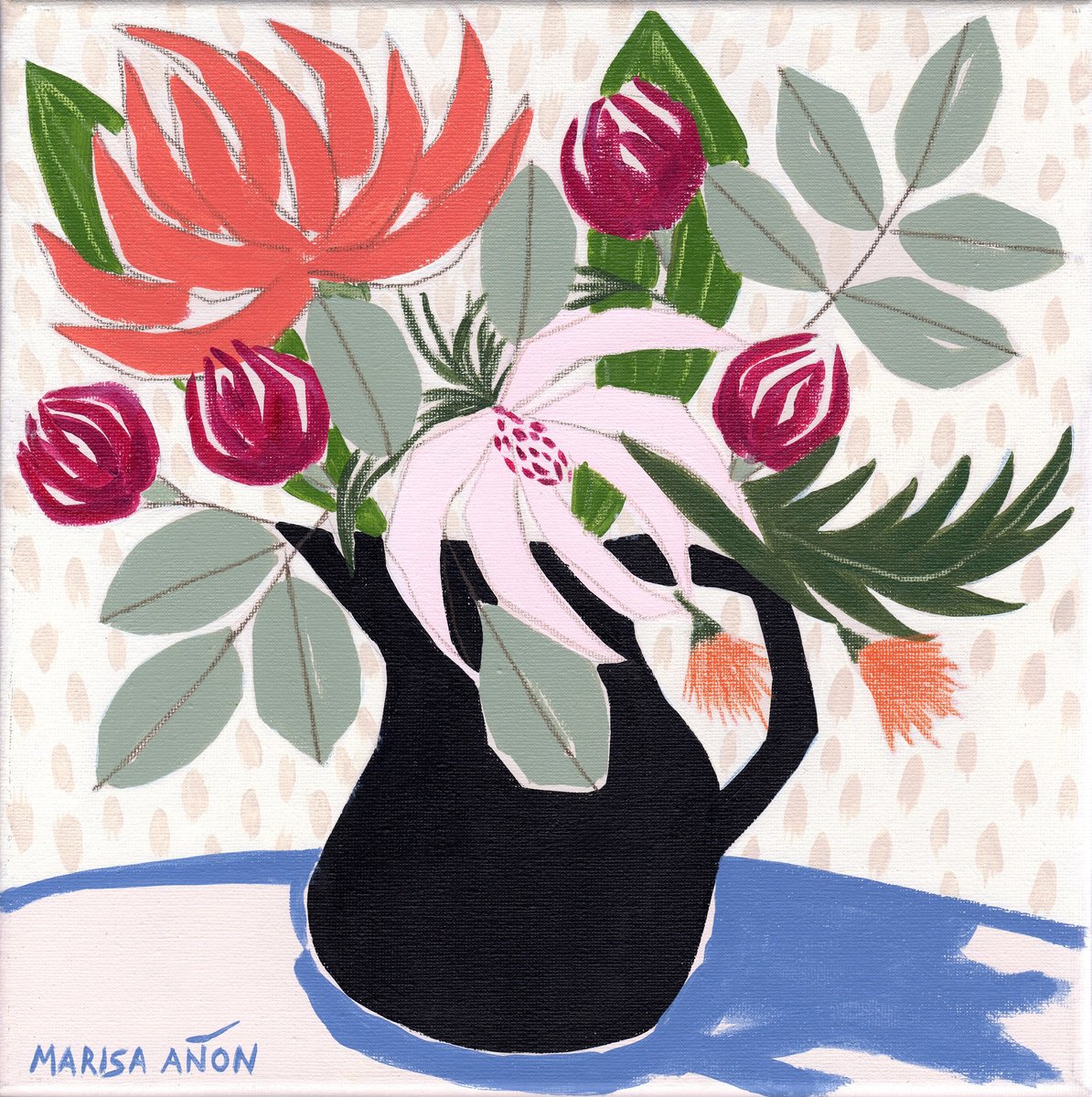 Impressionistic Botanical Acrylic Painting By Marisa Anon, 13 X 13", April Florals 12, Original Artwork