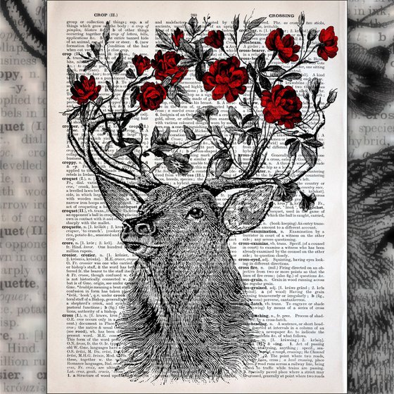 Deer Antler Flowers - Collage Art Print on Large Real English Dictionary Vintage Book Page