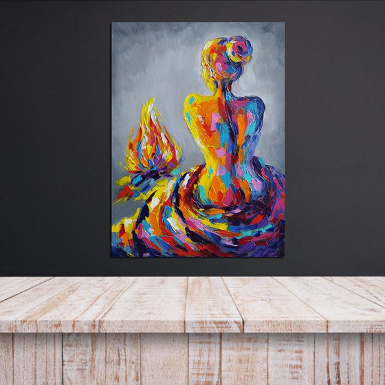 Winter evening - woman body, fire, nude, bonfire, erotic, body, woman, woman body, oil painting, gift for him, gift for man, nu