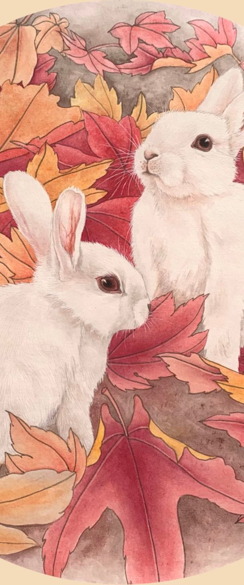 Bunny in the red Leaf, Original Brush Painting by Fiona Sheng
