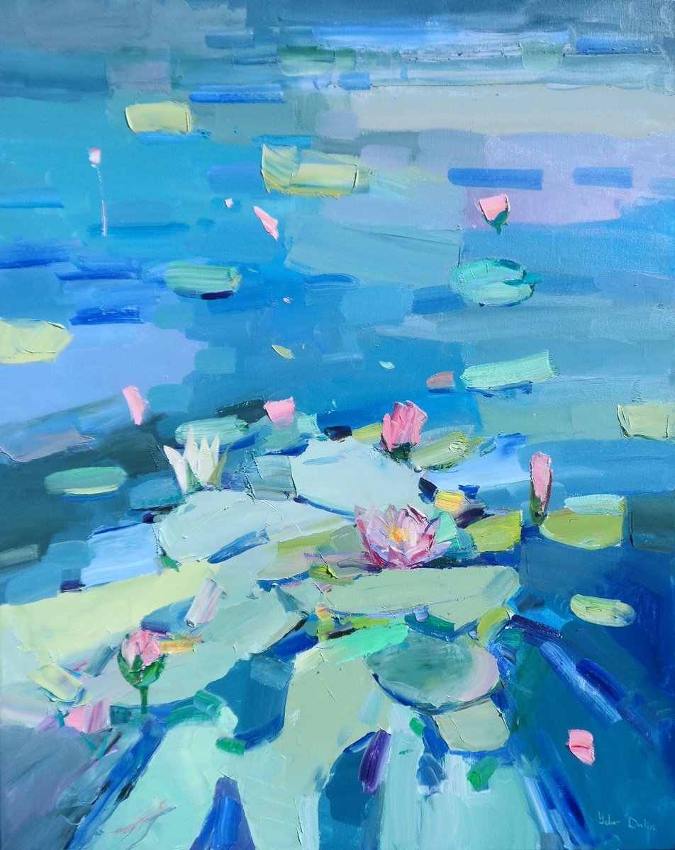 Impressionistic Landscape Oil Painting By Yehor Dulin, 31 X 39", "Water Lilies ", Original Artwork