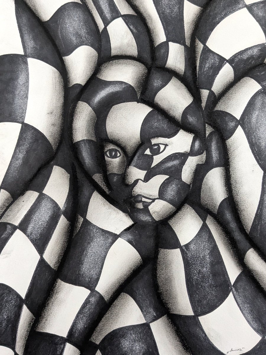 Geometric Abstract Charcoal Drawing By Massimo Castronuovo, 12 X 17", Face, Original Artwork