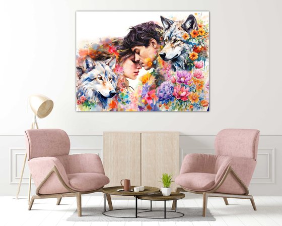 Love man and woman in flowers. Wolves. Floral large portrait wall home decor. Art Gift for couple