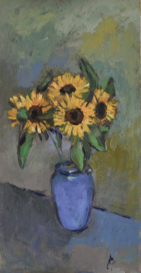 Sunflowers in Blue Jug