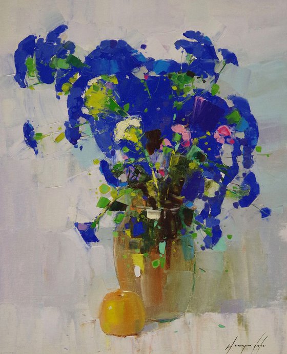 Vase of Blue Flowers, Oil painting, One of a kind, Signed, Handmade artwork