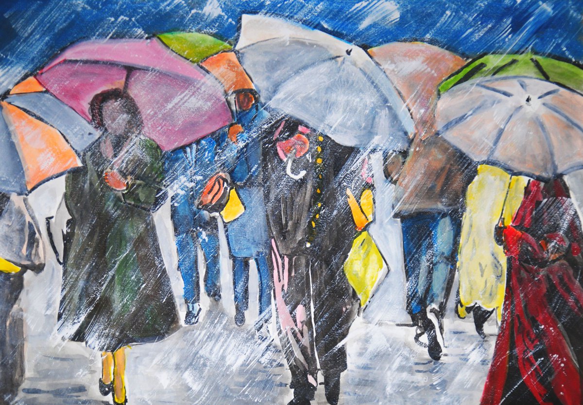 Expressive Portrait Painting By Alexandra Djokic, 20 X 14, People With Umbrellas, Original Artwork