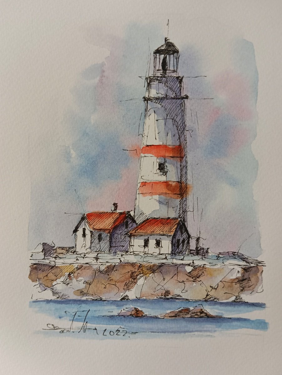 Lighthouse urban sketching scene. Ink and watercolor by Marinko aric