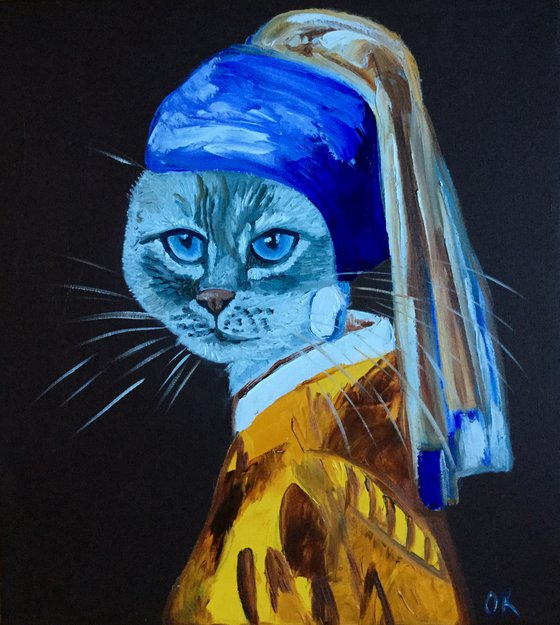 Cat with the pearl earring and blue eyes  inspired by Vermeer painting feline art for cat lovers gift idea