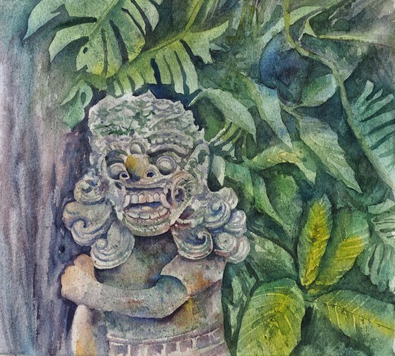 Sculpture in the jungle in Bali - original watercolor from travel to Bali