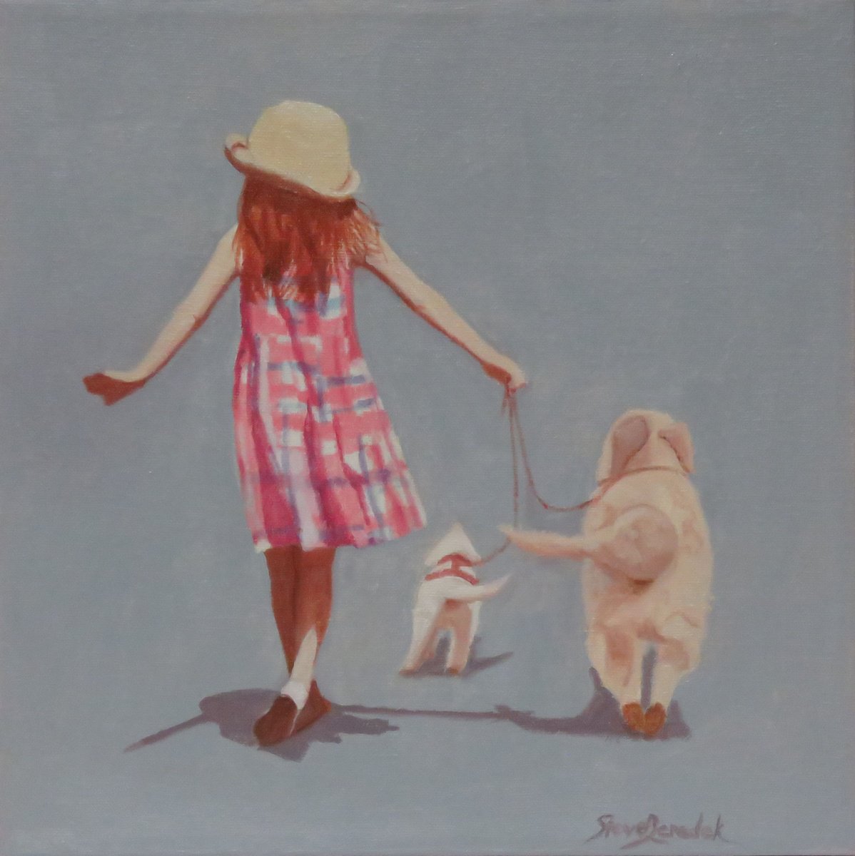 Photorealistic Portrait Oil Painting By Stephen Benedek, 12 X 12", Walking The Pups, Original Artwork
