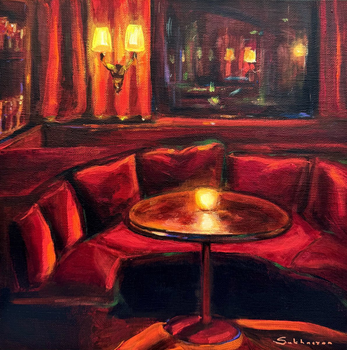 Impressionistic Abstract Acrylic Painting By Victoria Sukhasyan, 10 X 10", Cafe Interior In Red, Original Artwork