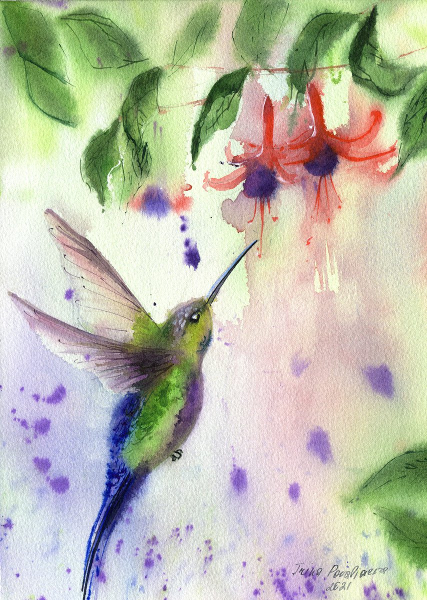 Bird in flower original watercolor painting, bright bird artwork, impressionistic wall art by Irina Povaliaeva
