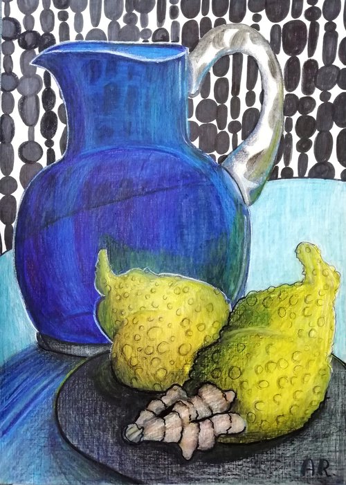 Blue jug, lemons and ginger. by Anna Reshetnikova