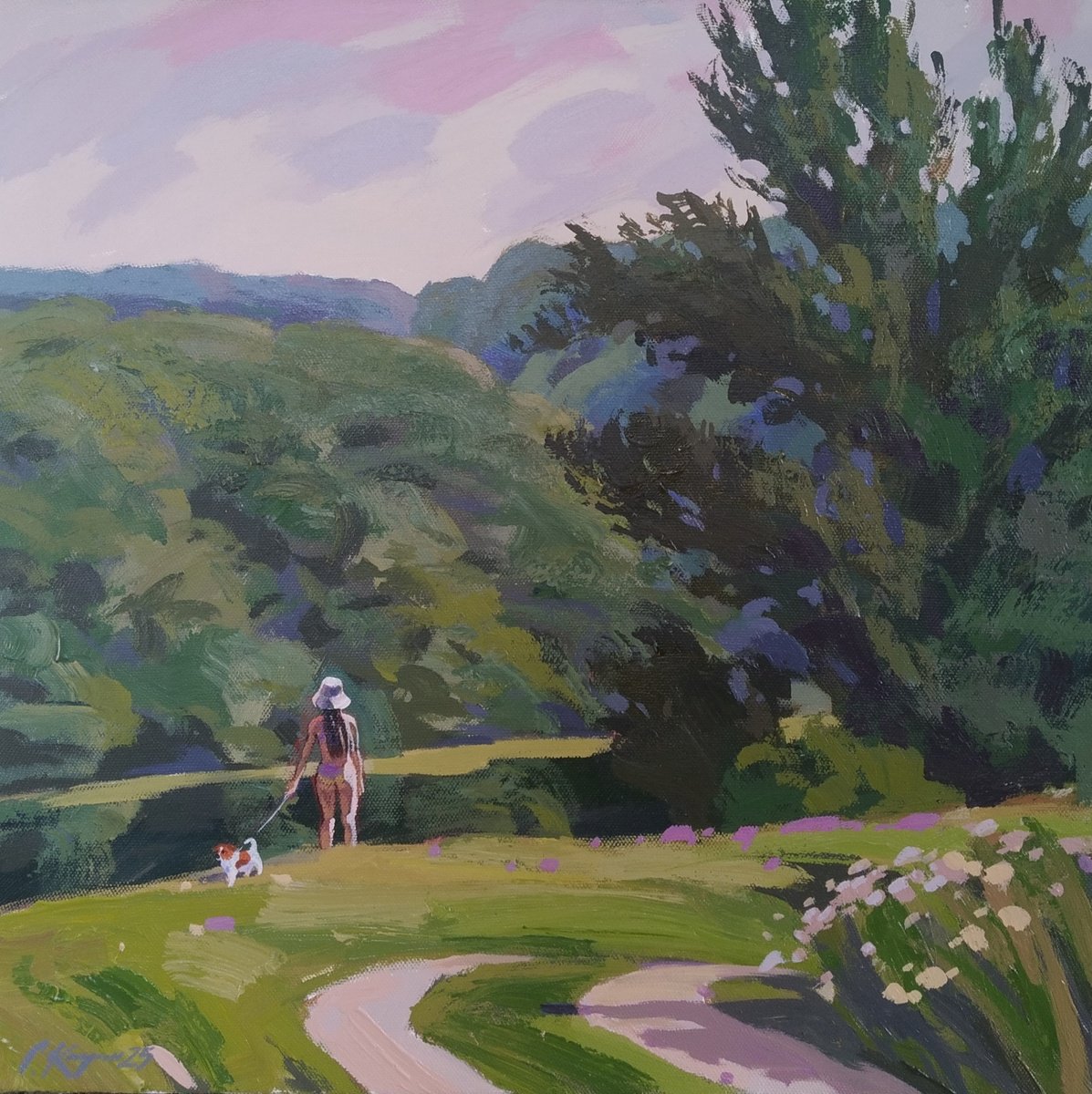 Impressionistic Landscape Acrylic Painting By Sergey Kachin, 24 X 24", Summer Walk, Original Artwork