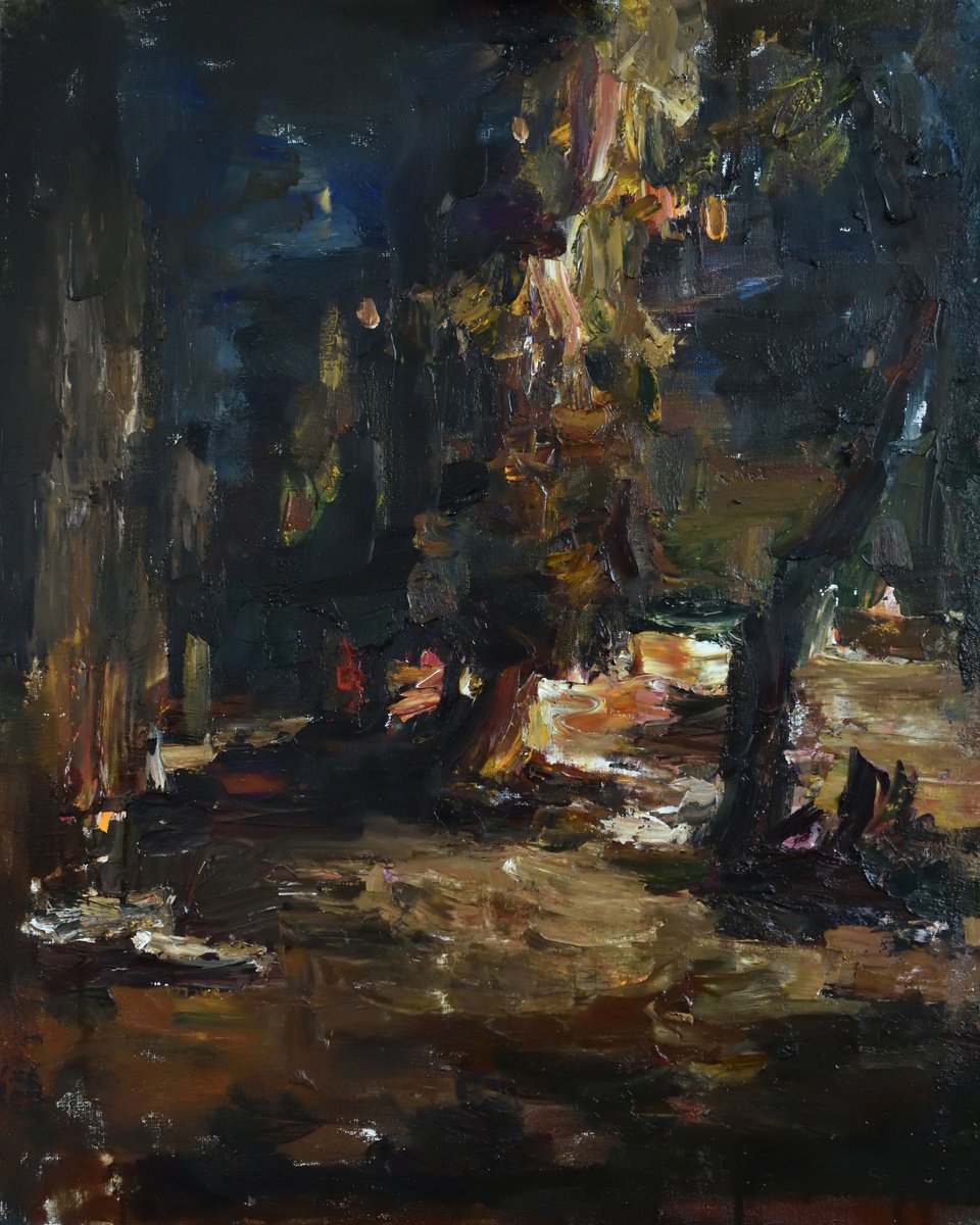 Impressionistic Landscape Oil Painting By Stanislava Cherkasova, 26 X 31", Night Alley, Original Artwork