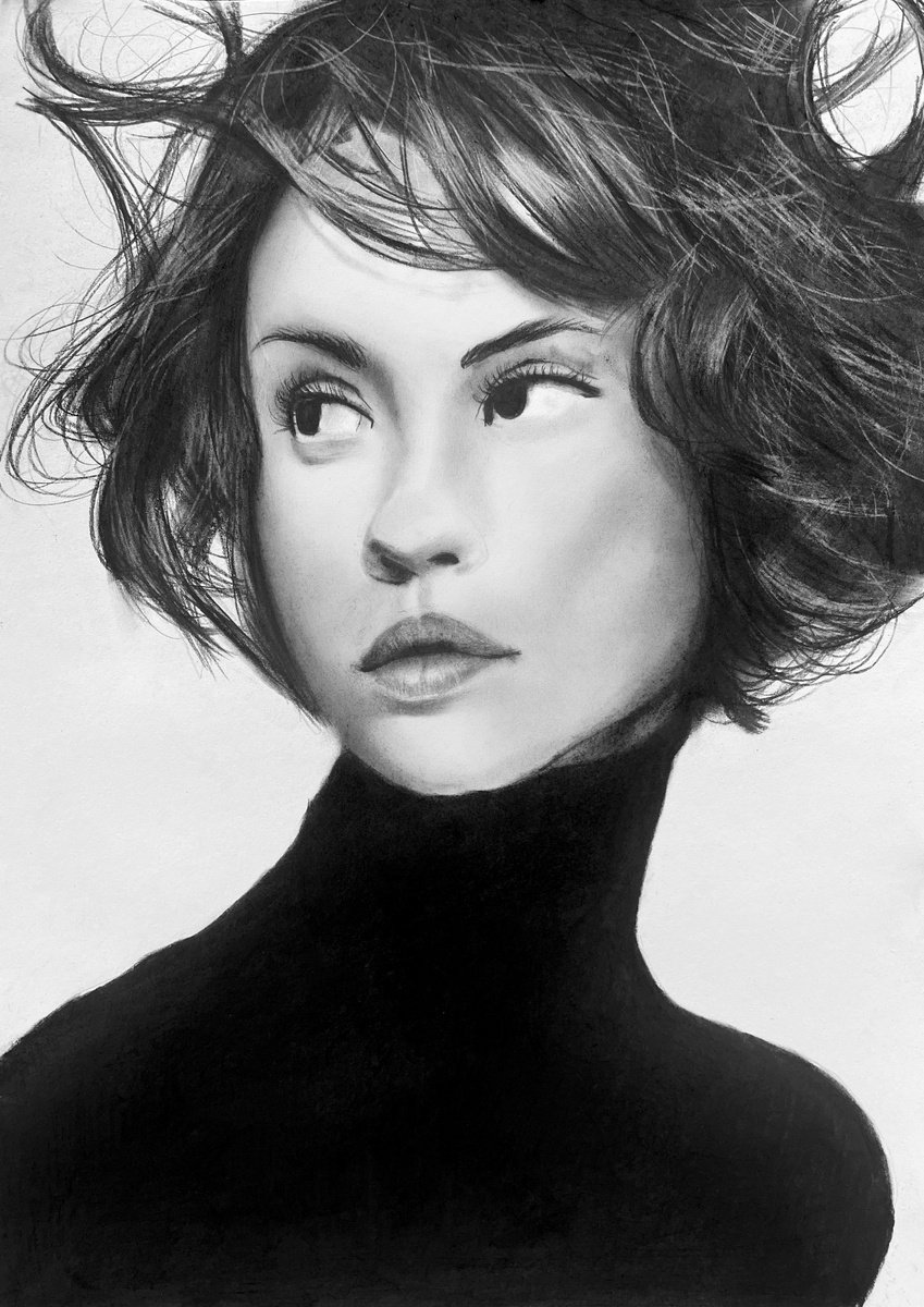 Photorealistic Portrait Charcoal Drawing By Denny Stoekenbroek, 12 X 17, Windborne, Original Artwork