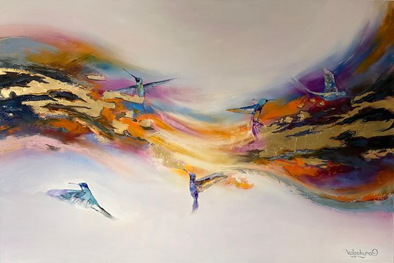 Hummingbird flying. Original abstract painting