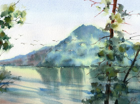Lake and pines, Watercolor green landscape