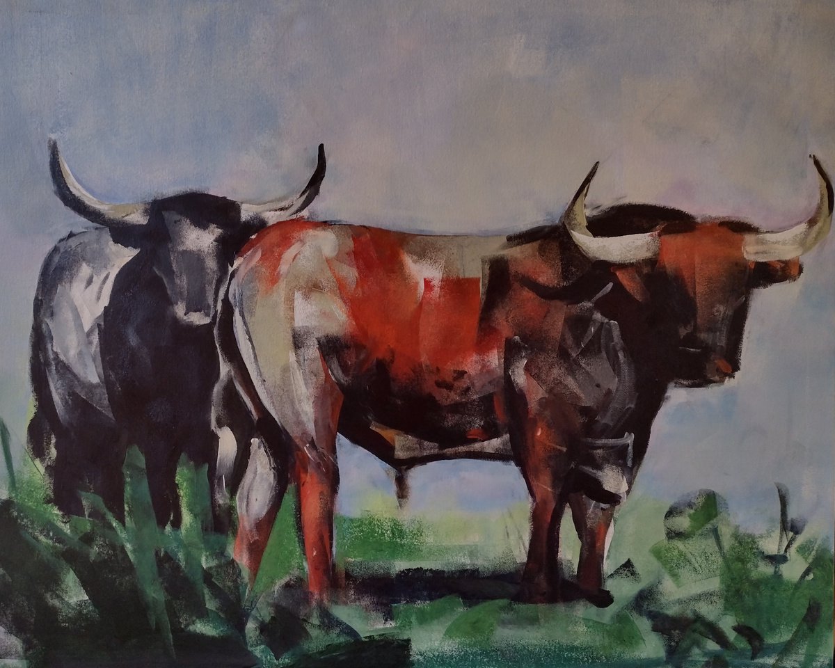 Expressive Animal Acrylic Painting By Marina Del Pozo, 39 X 32", Bulls, Original Artwork