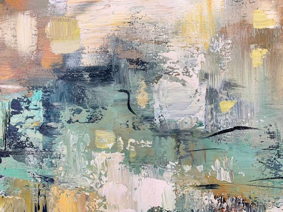 Shining Light - Extra Large Abstract Painting 71" x 40" , Oversize Canvas, Gray, Blue Gold Leaf Soft Colors White Gray Painting