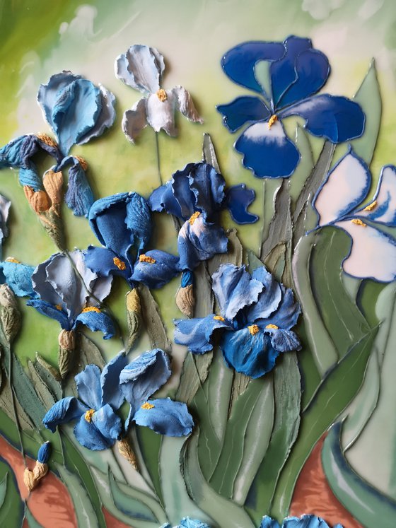 Van Gogh's irises - beautiful flowers that have turned from a painting into a bas-relief, 100x70x6 cm depts